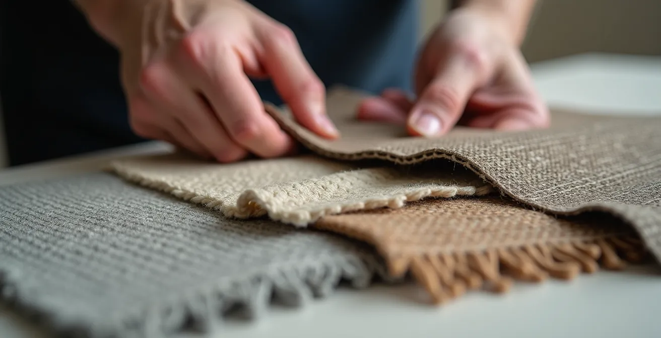 Mains touchant différents échantillons de tissus pour meubles avec textures variées