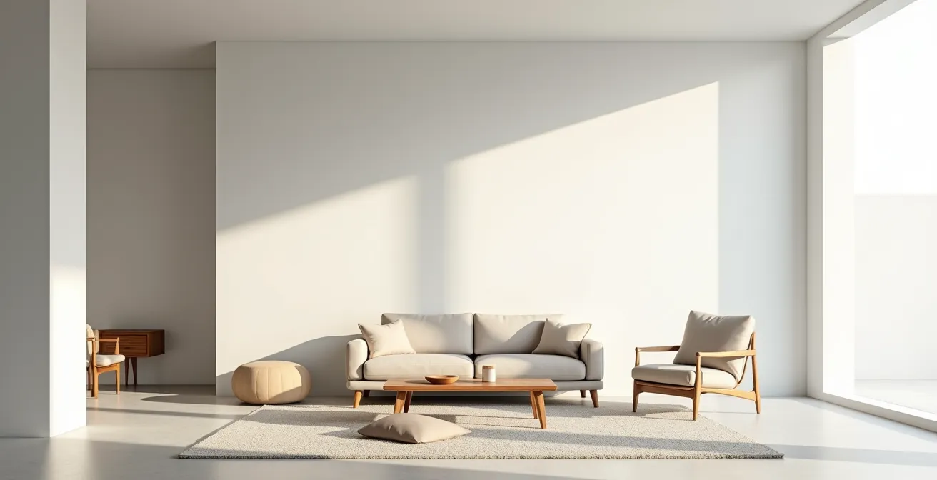Salon épuré avec mobilier design baigné de lumière naturelle créant une ambiance sereine